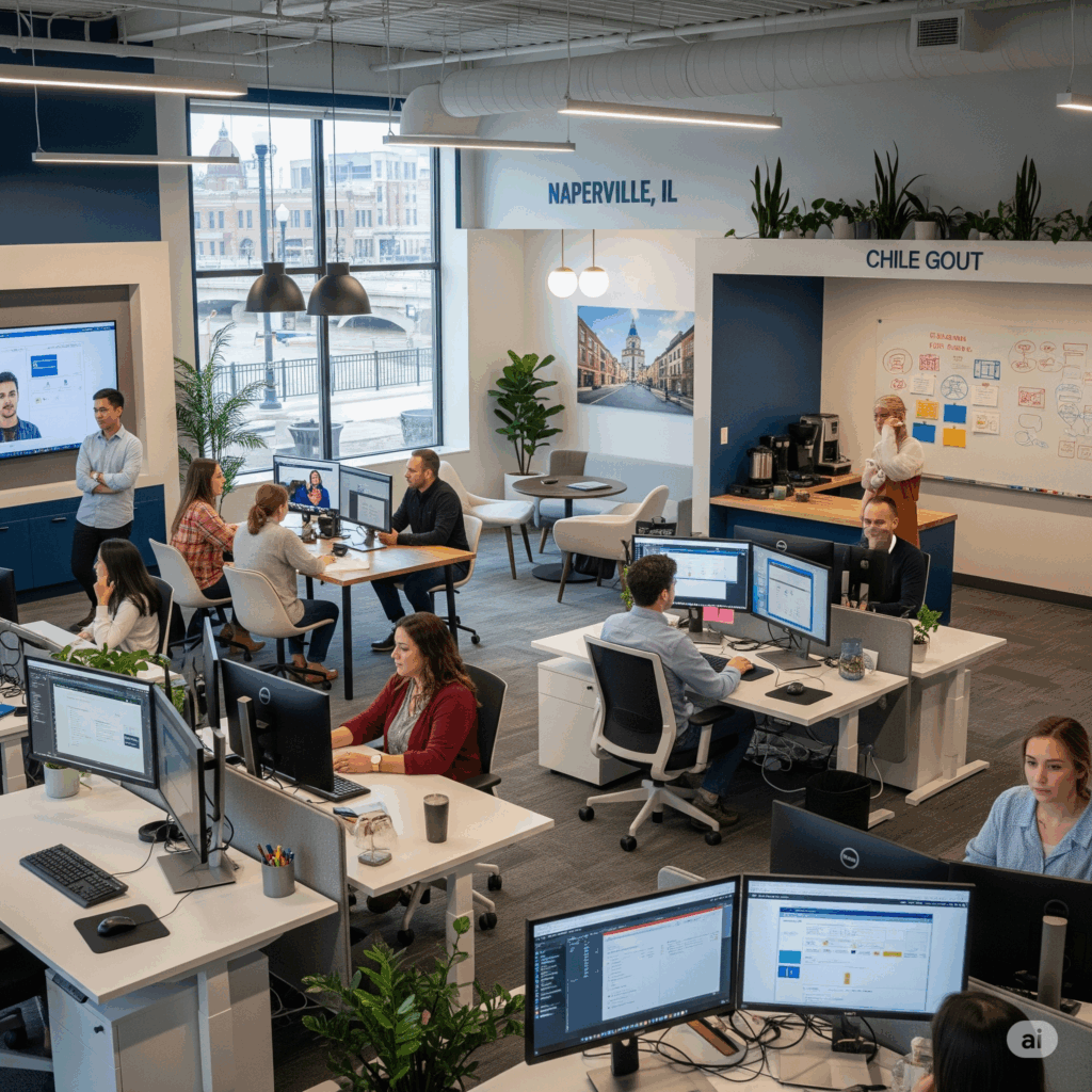 Naperville Riverwalk at dusk, local web design by Media Express